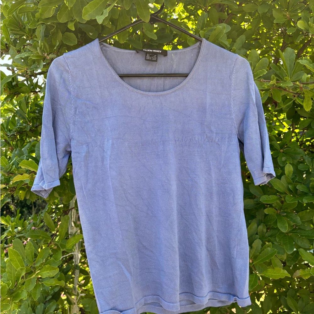 Ellen Tracy Women's Blue Short Sleeve Silk Tee